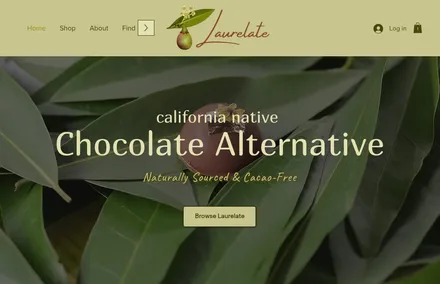 Frontpage showing a bon bon overlain by text, California Native Chocolate Alternative.