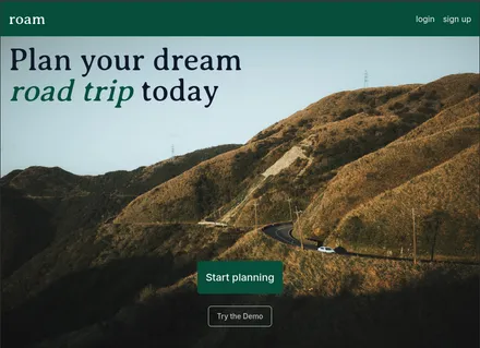 Frontpage of the website, a nice landscape background with text explaining the road trip aspect.